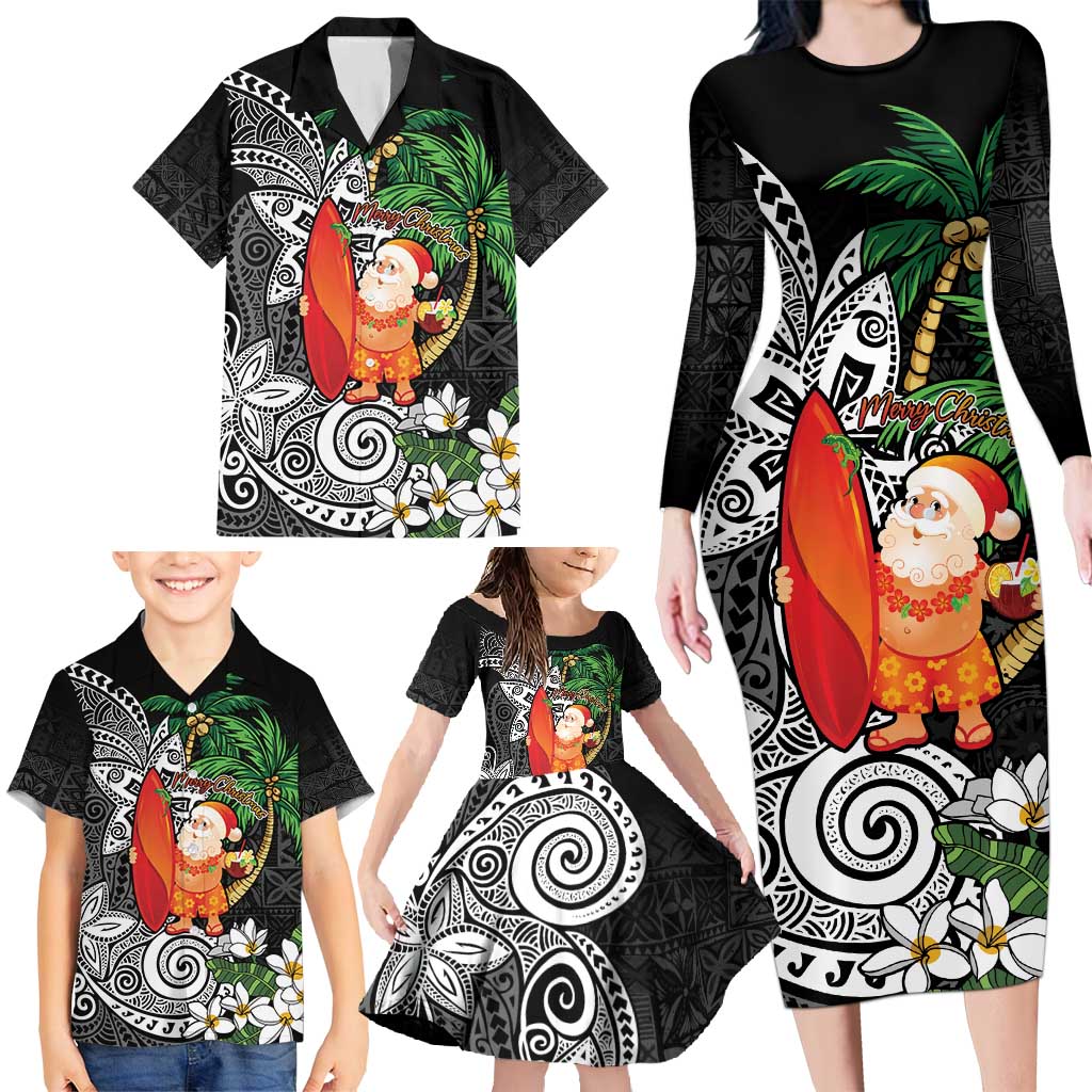 Polynesian Family Matching Long Sleeve Bodycon Dress and Hawaiian Shirt Tropical Santa - Plumeria Black Vintage