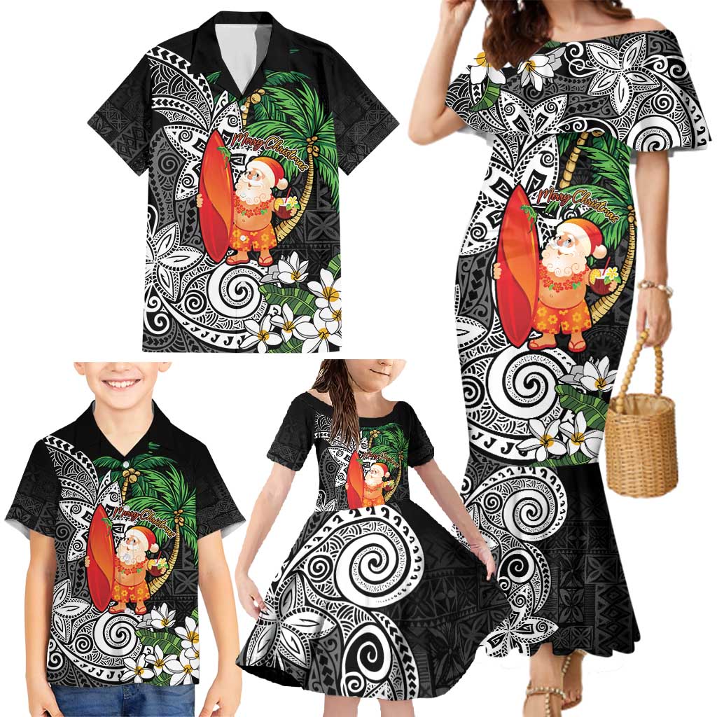 Polynesian Family Matching Mermaid Dress and Hawaiian Shirt Tropical Santa - Plumeria Black Vintage LT7 - Polynesian Pride