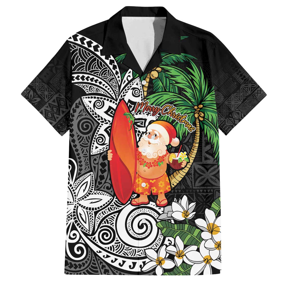 Polynesian Family Matching Off The Shoulder Long Sleeve Dress and Hawaiian Shirt Tropical Santa - Plumeria Black Vintage