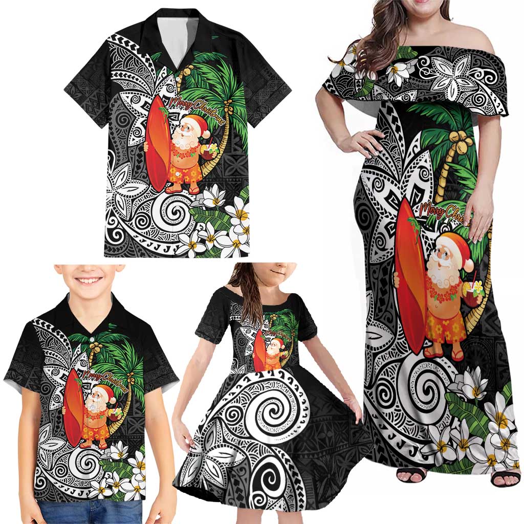 Polynesian Family Matching Off Shoulder Maxi Dress and Hawaiian Shirt Tropical Santa - Plumeria Black Vintage LT7 - Polynesian Pride
