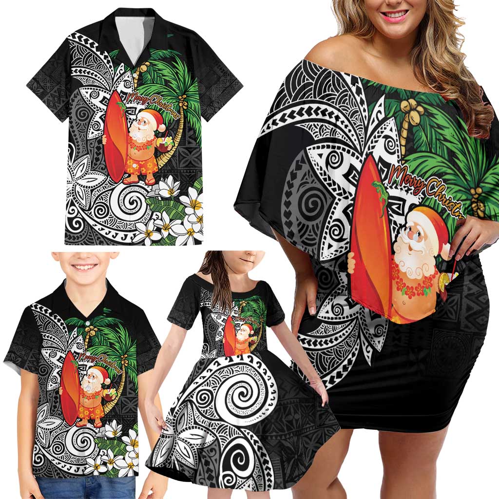 Polynesian Family Matching Off Shoulder Short Dress and Hawaiian Shirt Tropical Santa - Plumeria Black Vintage LT7 - Polynesian Pride