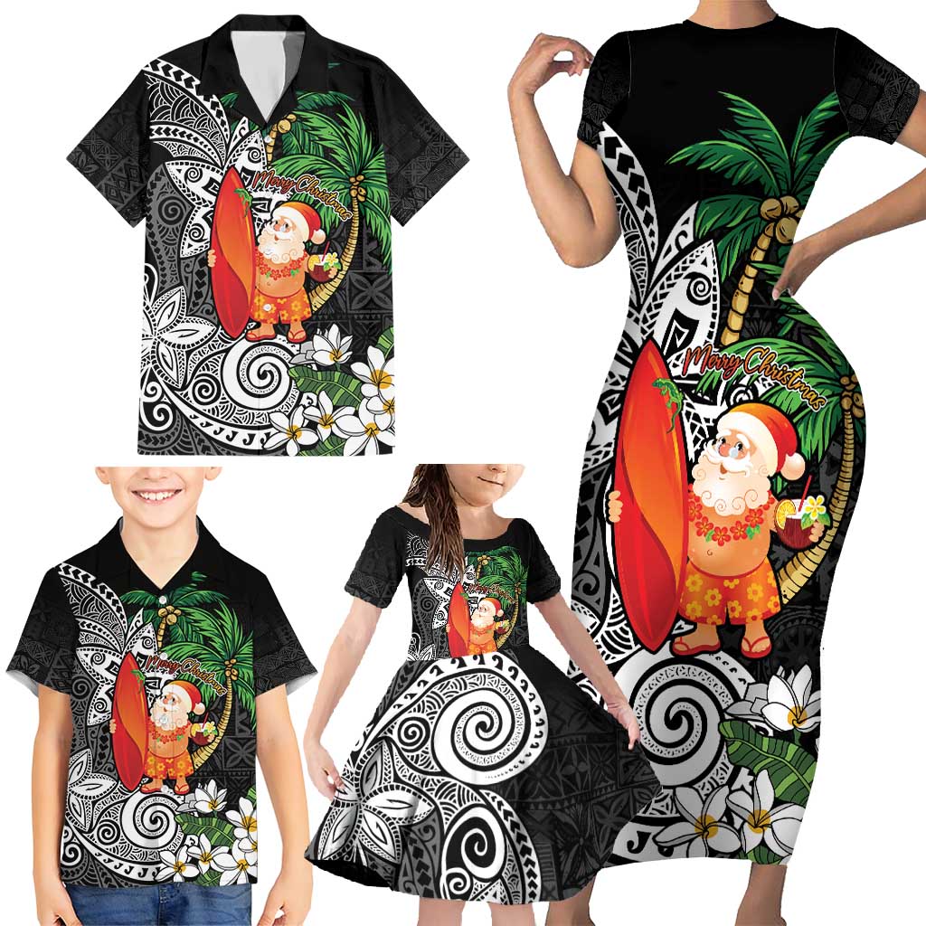 Polynesian Family Matching Short Sleeve Bodycon Dress and Hawaiian Shirt Tropical Santa - Plumeria Black Vintage