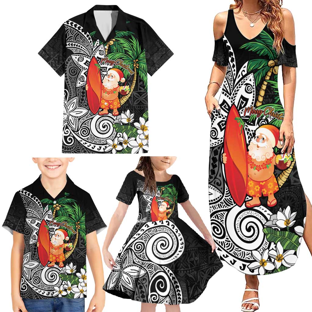 Polynesian Family Matching Summer Maxi Dress and Hawaiian Shirt Tropical Santa - Plumeria Black Vintage LT7 - Polynesian Pride