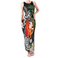Polynesian Family Matching Tank Maxi Dress and Hawaiian Shirt Tropical Santa - Plumeria Black Vintage LT7 Mom's Dress Black - Polynesian Pride