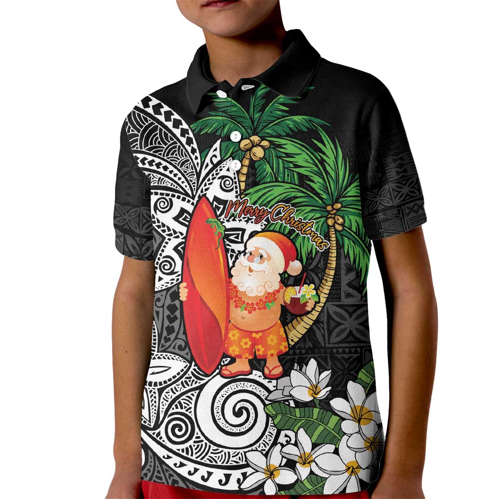 Polynesian Kid Polo Shirt Tropical Santa - Plumeria Black Vintage