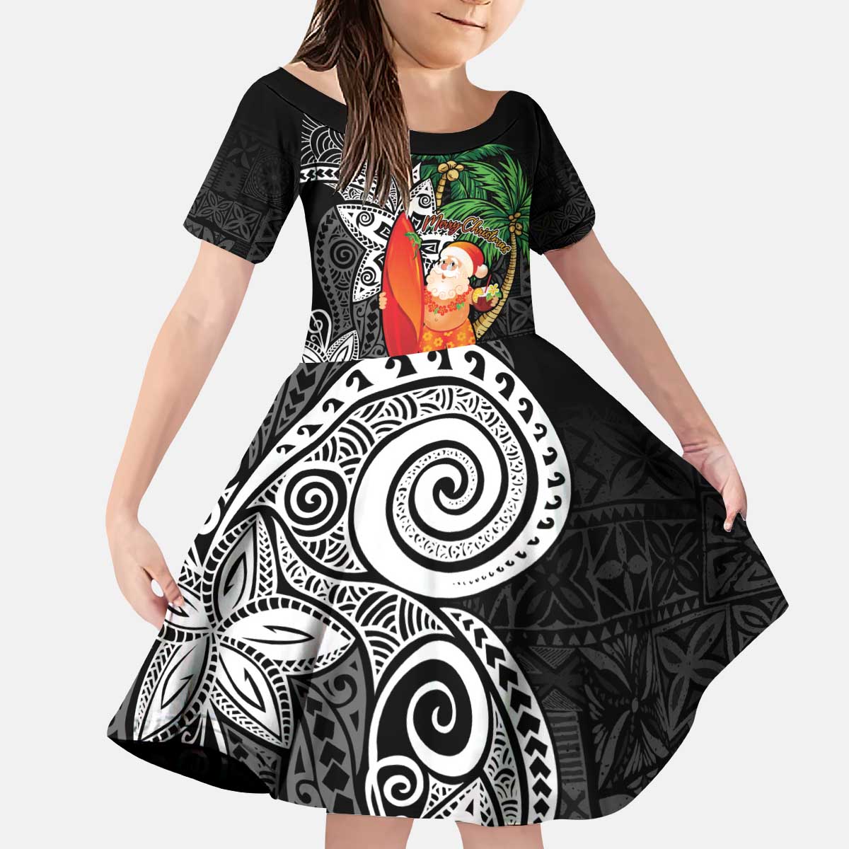 Polynesian Kid Short Sleeve Dress Tropical Santa - Plumeria Black Vintage