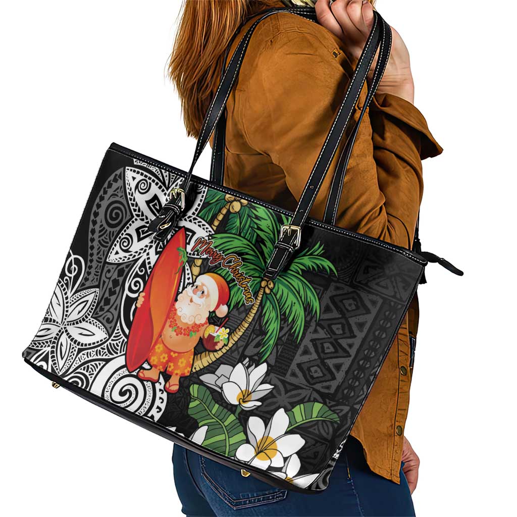 Polynesian Leather Tote Bag Tropical Santa - Plumeria Black Vintage LT7 - Polynesian Pride