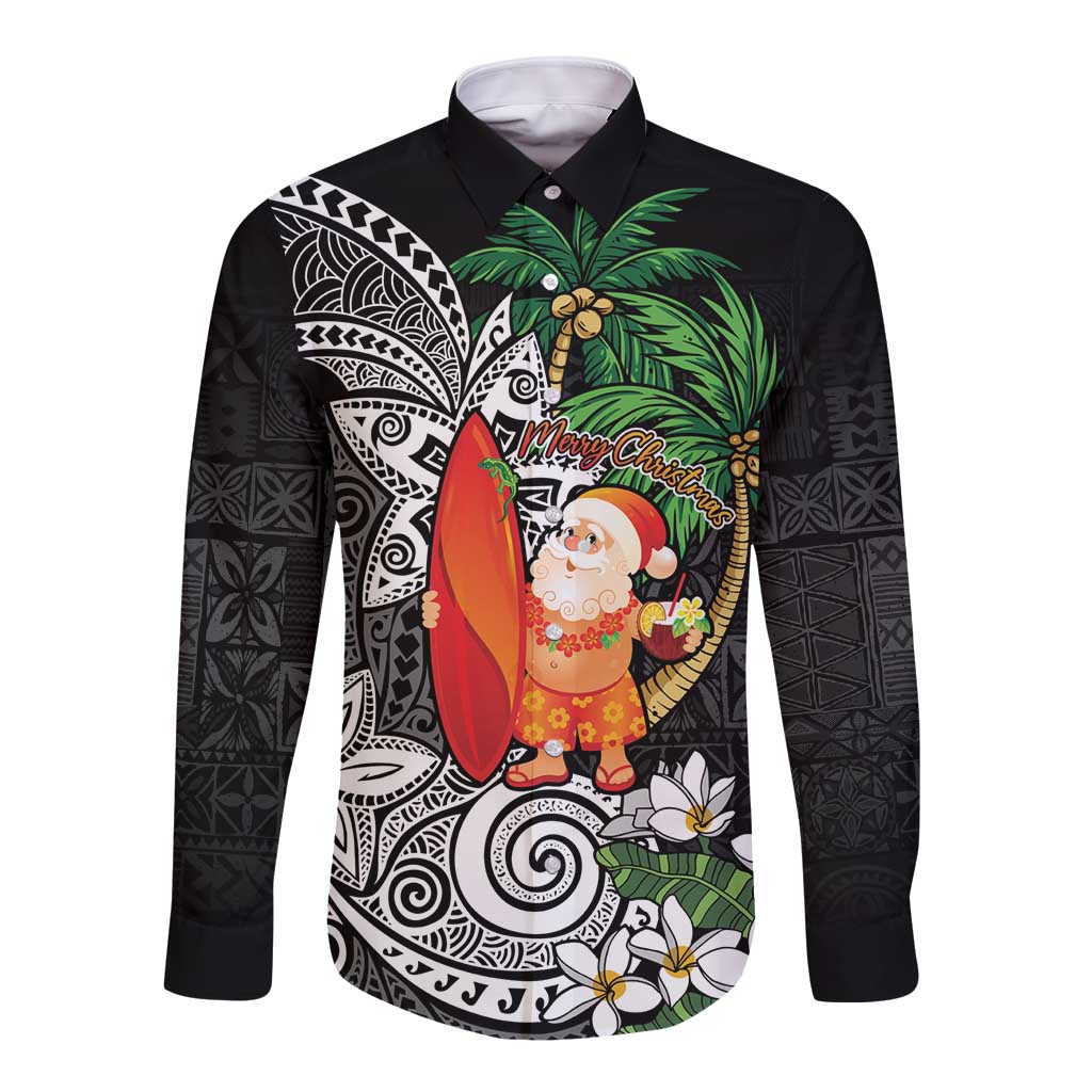 Polynesian Long Sleeve Button Shirt Tropical Santa - Plumeria Black Vintage