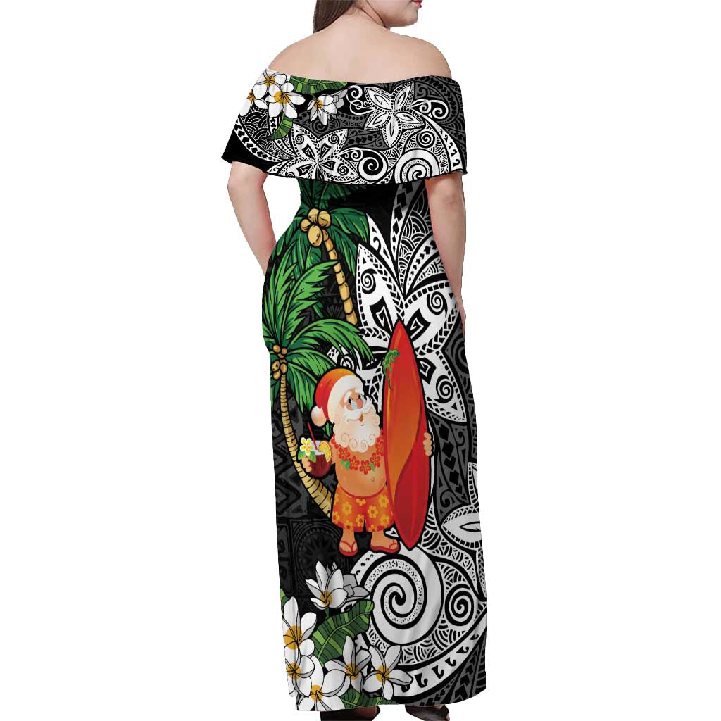 Polynesian Off Shoulder Maxi Dress Tropical Santa - Plumeria Black Vintage