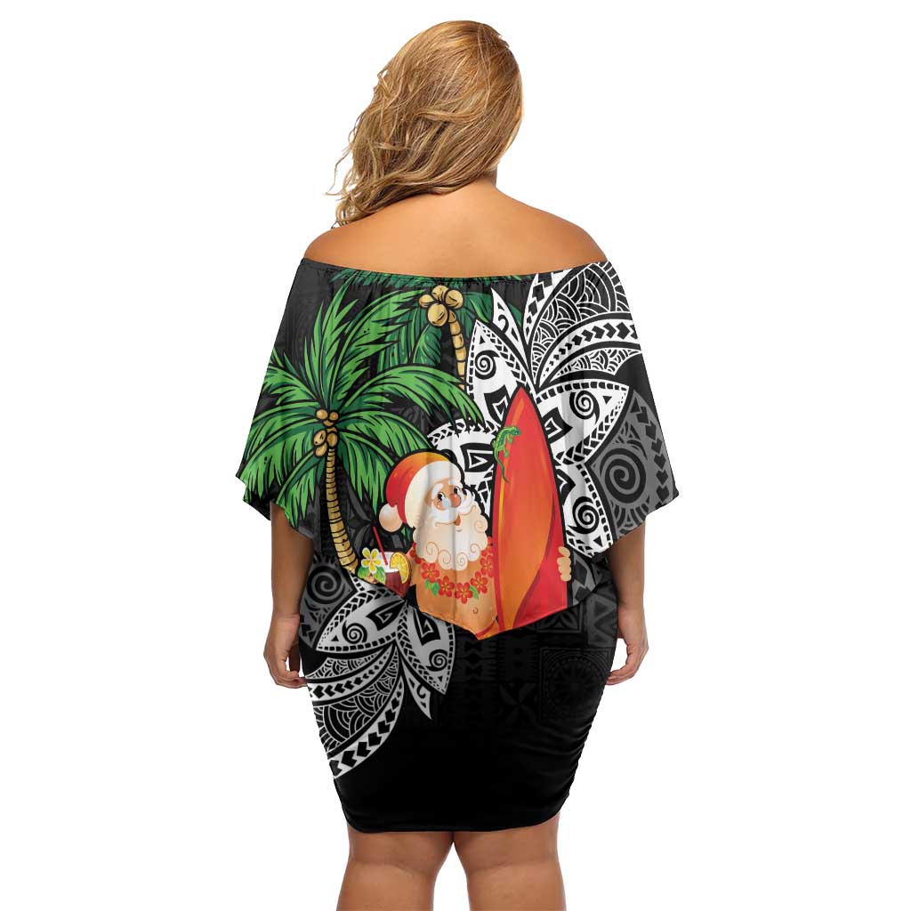 Polynesian Off Shoulder Short Dress Tropical Santa - Plumeria Black Vintage LT7 - Polynesian Pride