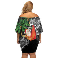 Polynesian Off Shoulder Short Dress Tropical Santa - Plumeria Black Vintage LT7 - Polynesian Pride