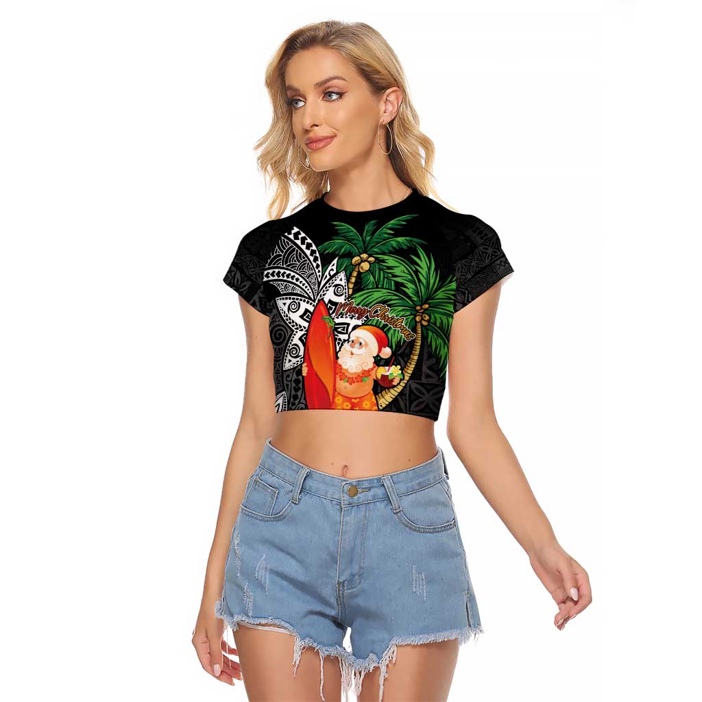 Polynesian Raglan Cropped T Shirt Tropical Santa - Plumeria Black Vintage LT7 Female Black - Polynesian Pride