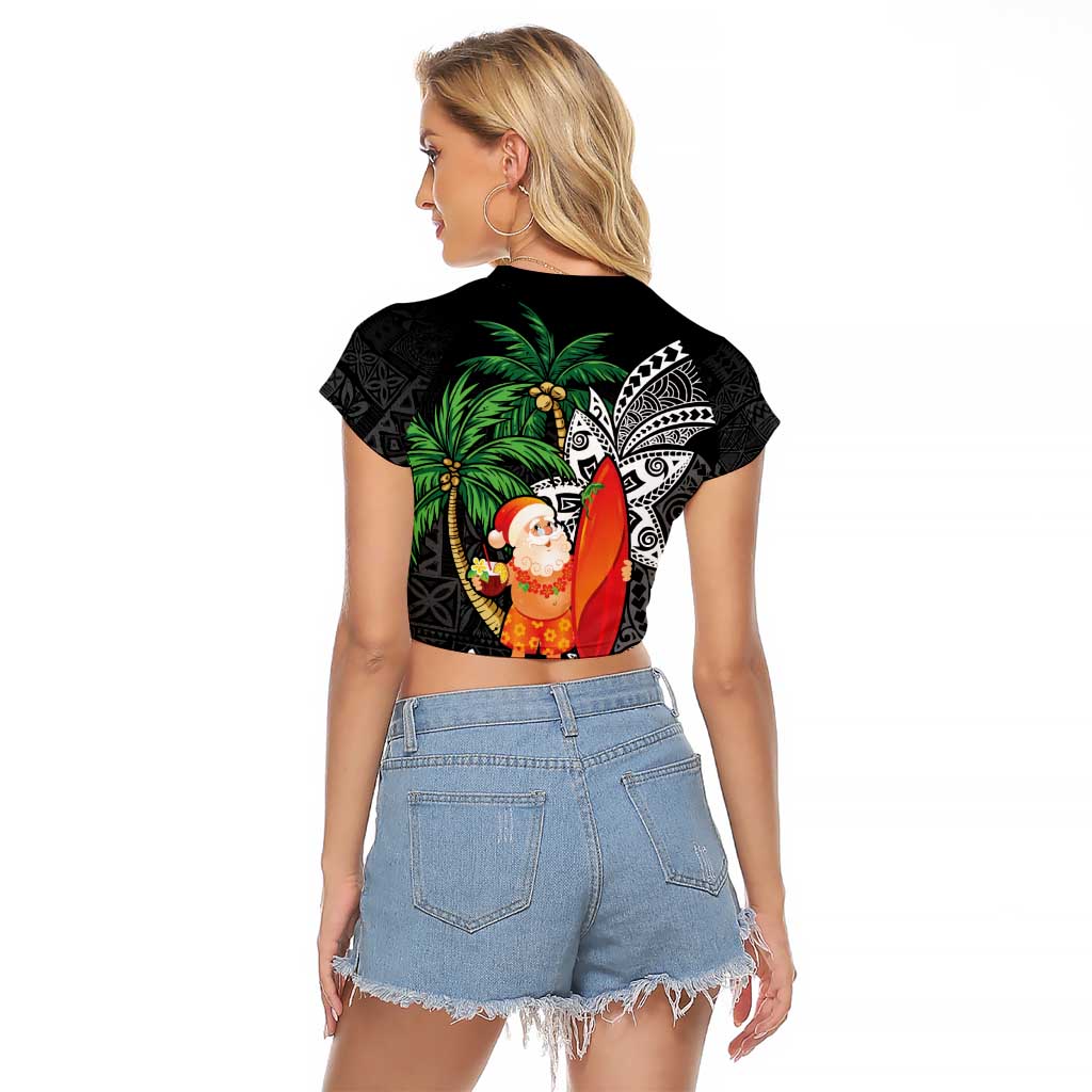 Polynesian Raglan Cropped T Shirt Tropical Santa - Plumeria Black Vintage LT7 - Polynesian Pride