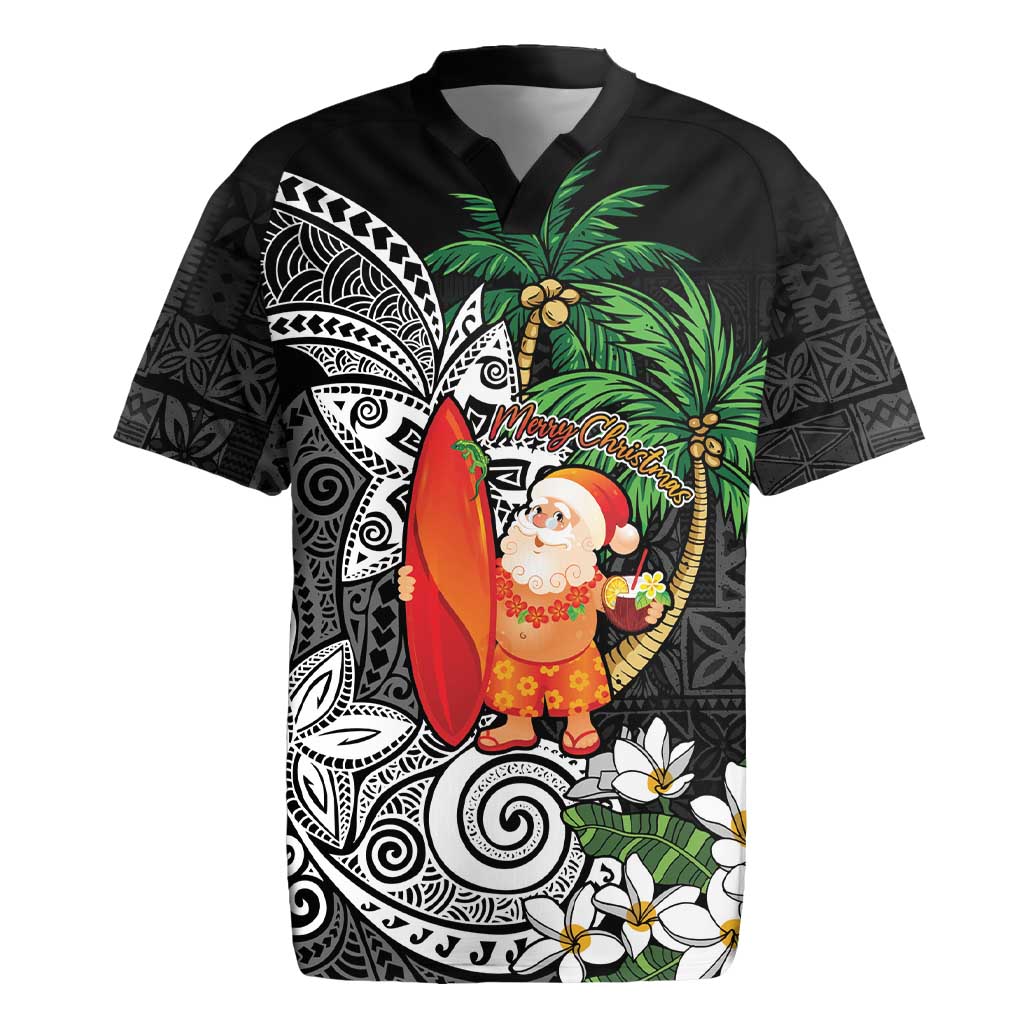 Polynesian Rugby Jersey Tropical Santa - Plumeria Black Vintage