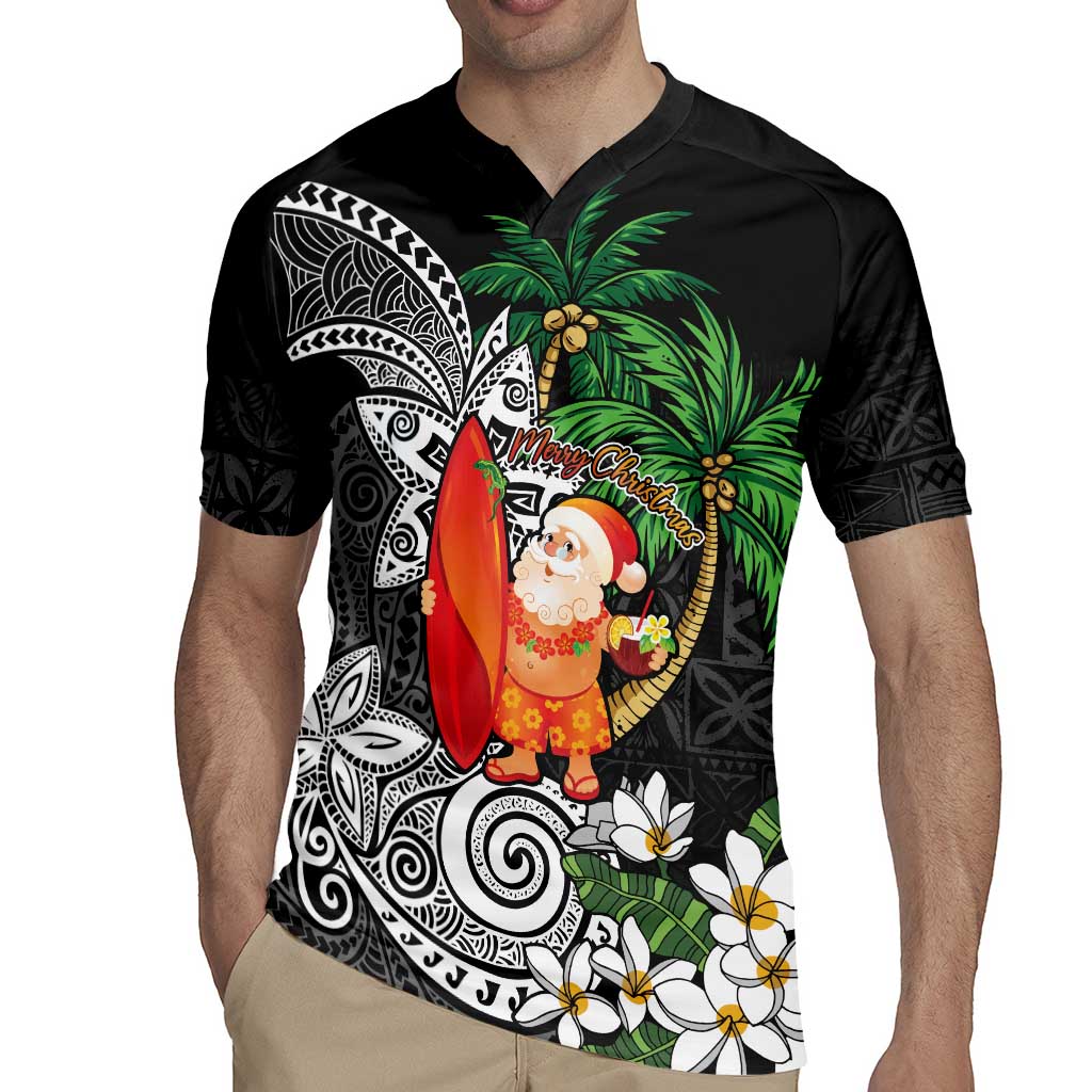 Polynesian Rugby Jersey Tropical Santa - Plumeria Black Vintage