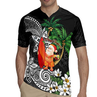 Polynesian Rugby Jersey Tropical Santa - Plumeria Black Vintage