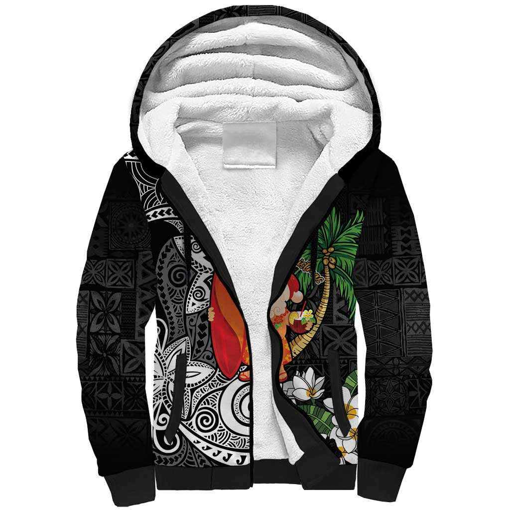 Polynesian Sherpa Hoodie Tropical Santa - Plumeria Black Vintage