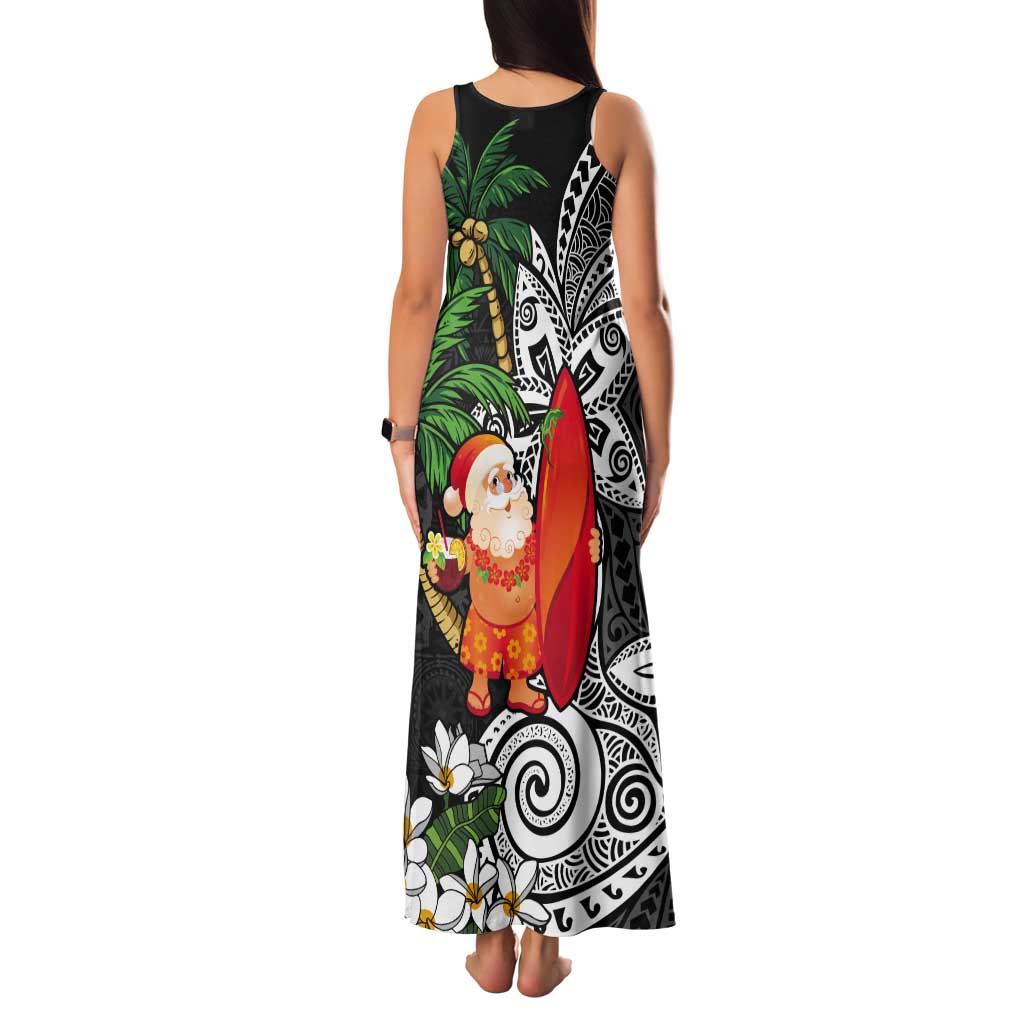 Polynesian Tank Maxi Dress Tropical Santa - Plumeria Black Vintage LT7 - Polynesian Pride