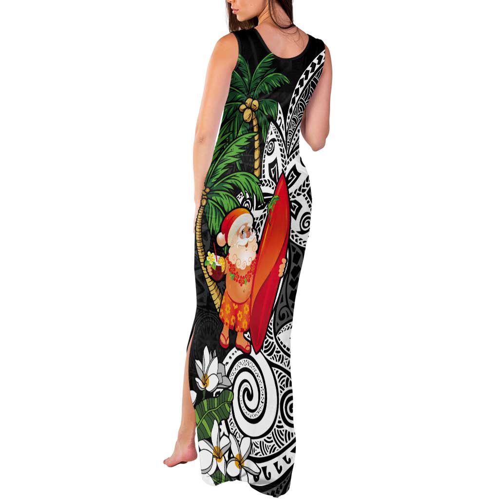 Polynesian Tank Maxi Dress Tropical Santa - Plumeria Black Vintage LT7 - Polynesian Pride