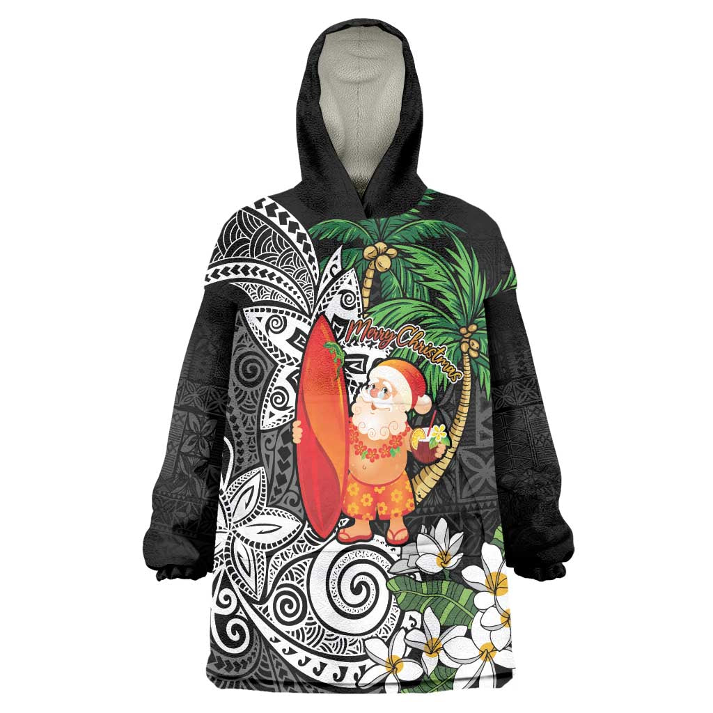 Polynesian Wearable Blanket Hoodie Tropical Santa - Plumeria Black Vintage