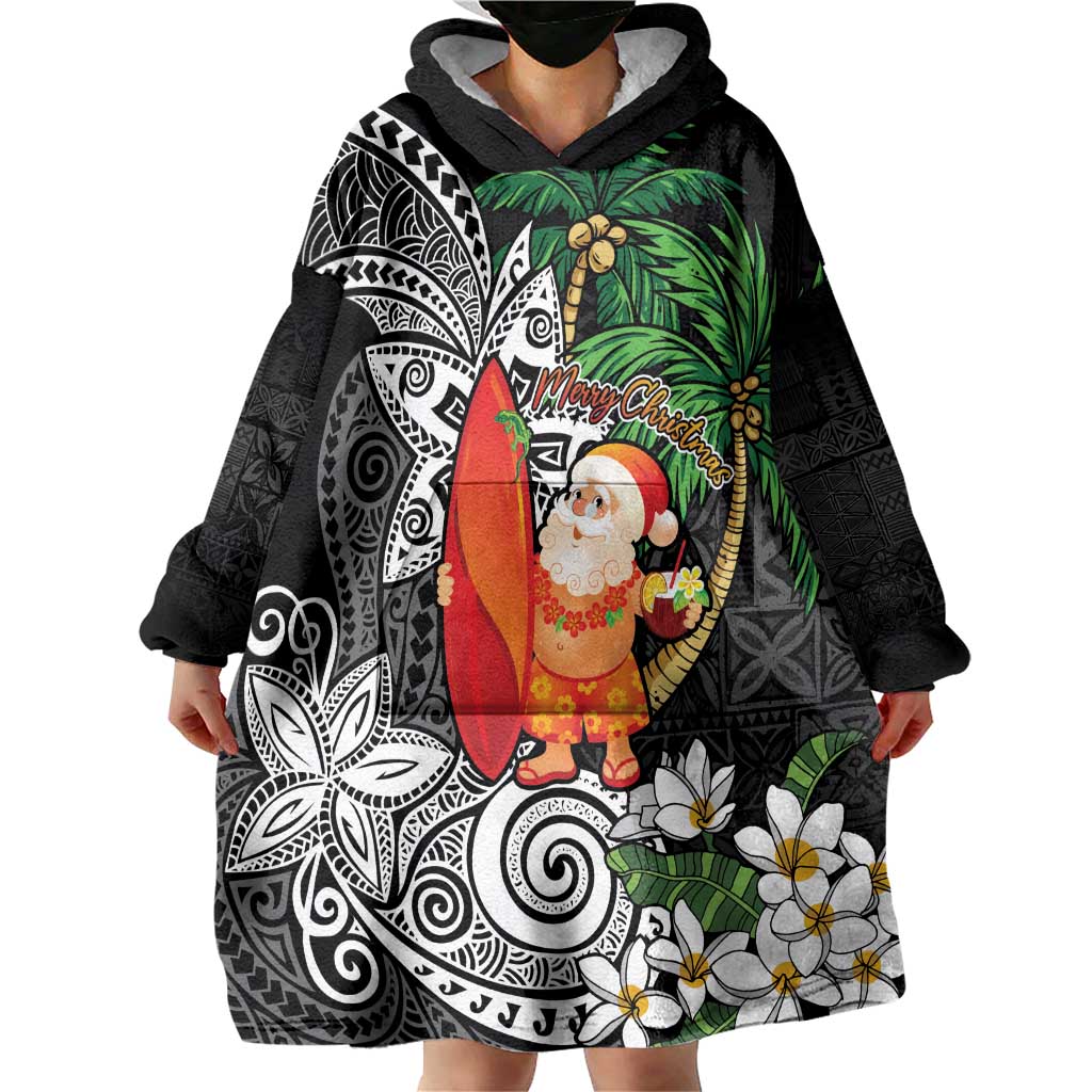 Polynesian Wearable Blanket Hoodie Tropical Santa - Plumeria Black Vintage LT7 - Polynesian Pride