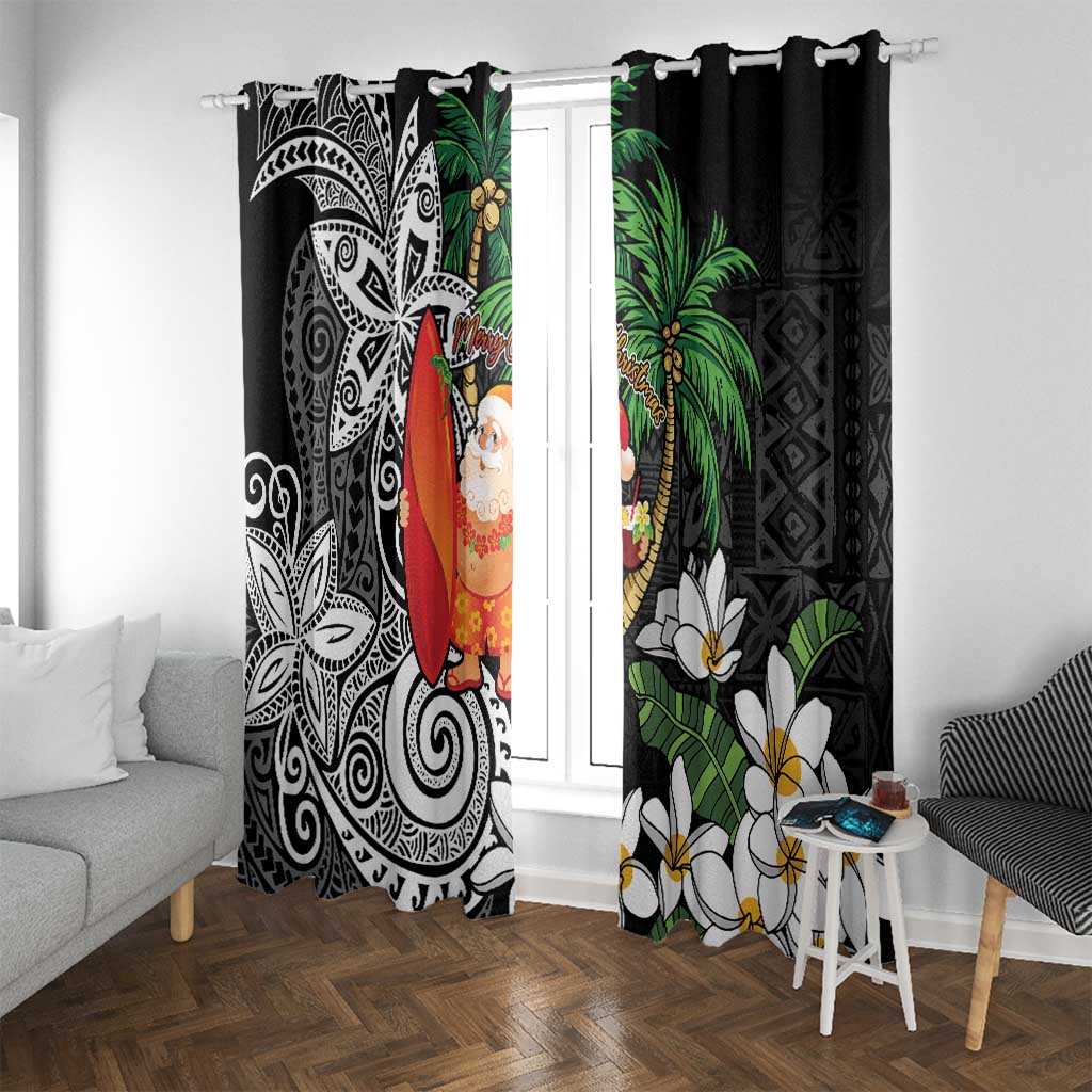 Polynesian Window Curtain Tropical Santa - Plumeria Black Vintage LT7 With Grommets Black - Polynesian Pride