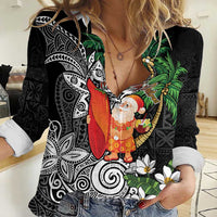 Polynesian Women Casual Shirt Tropical Santa - Plumeria Black Vintage
