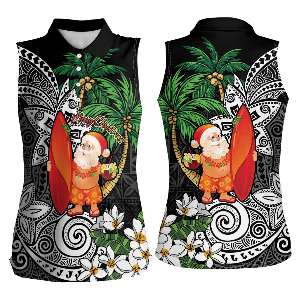 Polynesian Women Sleeveless Polo Shirt Tropical Santa - Plumeria Black Vintage