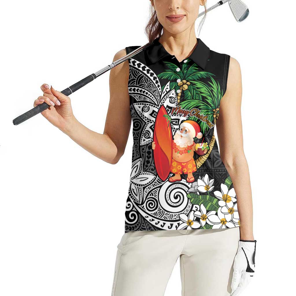 Polynesian Women Sleeveless Polo Shirt Tropical Santa - Plumeria Black Vintage
