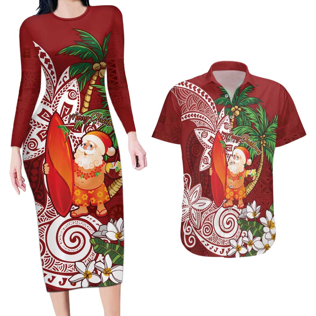 Polynesian Couples Matching Long Sleeve Bodycon Dress and Hawaiian Shirt Tropical Santa - Plumeria Red Vintage