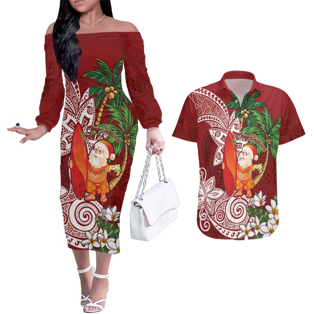 Polynesian Couples Matching Off The Shoulder Long Sleeve Dress and Hawaiian Shirt Tropical Santa - Plumeria Red Vintage