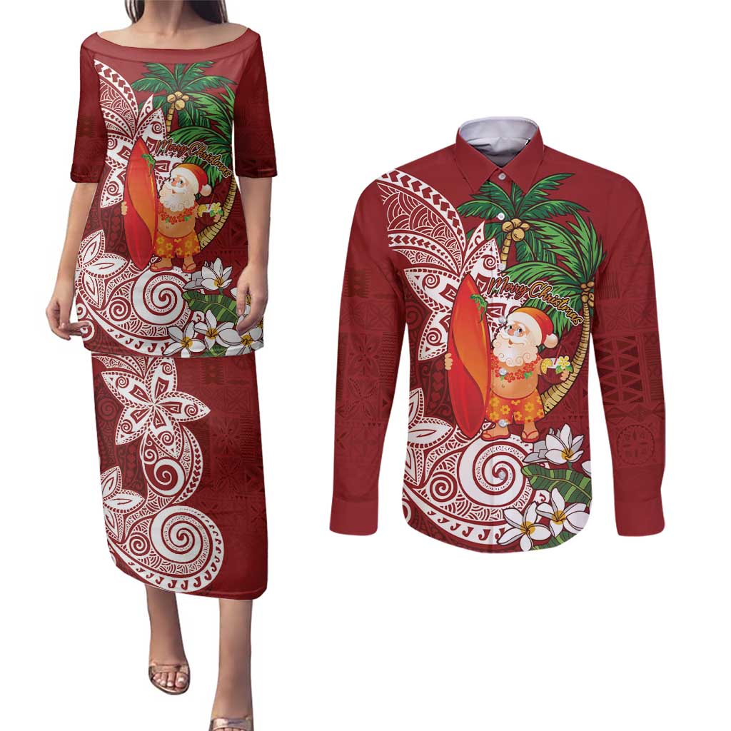 Polynesian Couples Matching Puletasi and Long Sleeve Button Shirt Tropical Santa - Plumeria Red Vintage LT7 Red - Polynesian Pride