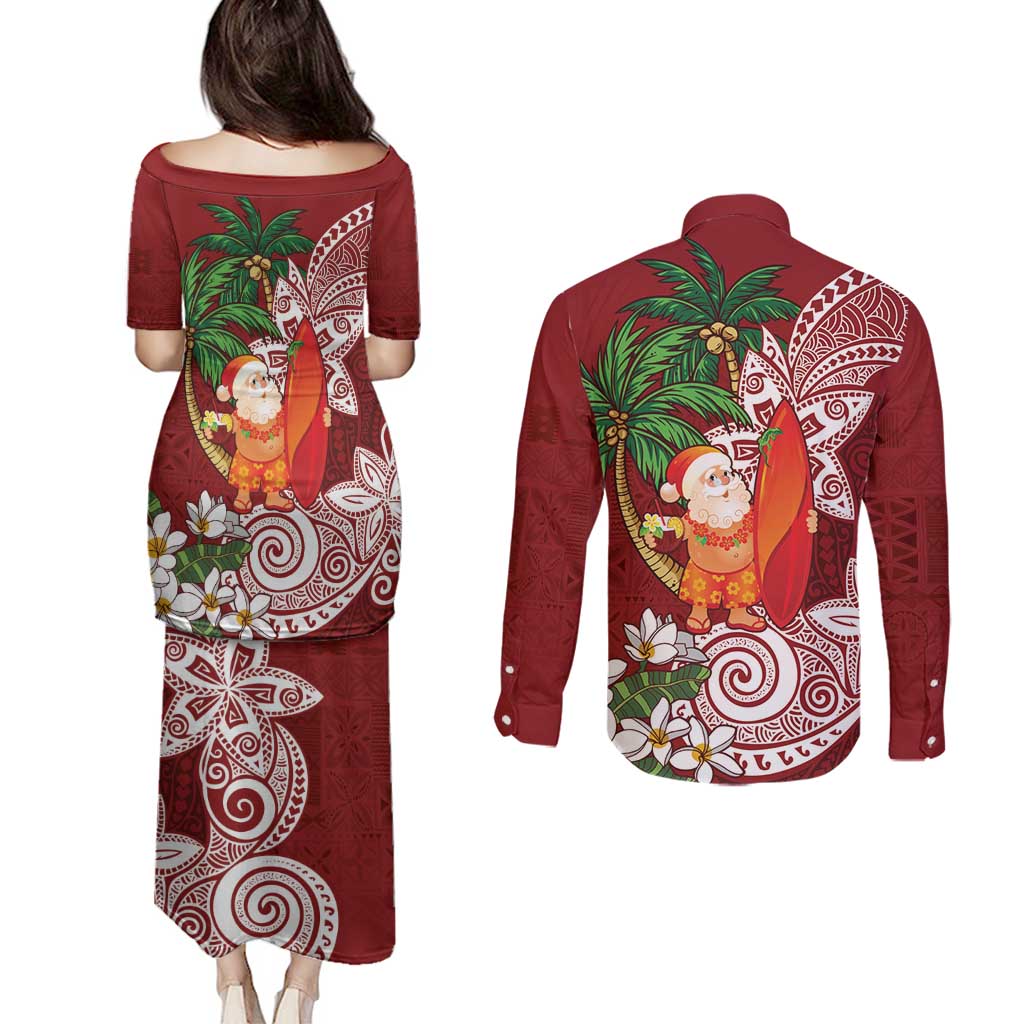 Polynesian Couples Matching Puletasi and Long Sleeve Button Shirt Tropical Santa - Plumeria Red Vintage LT7 - Polynesian Pride