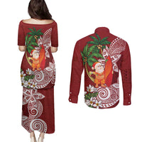 Polynesian Couples Matching Puletasi and Long Sleeve Button Shirt Tropical Santa - Plumeria Red Vintage LT7 - Polynesian Pride