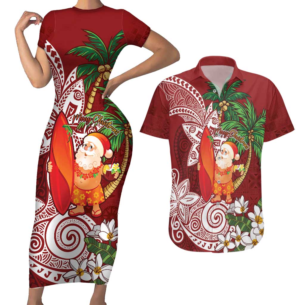 Polynesian Couples Matching Short Sleeve Bodycon Dress and Hawaiian Shirt Tropical Santa - Plumeria Red Vintage LT7 Red - Polynesian Pride