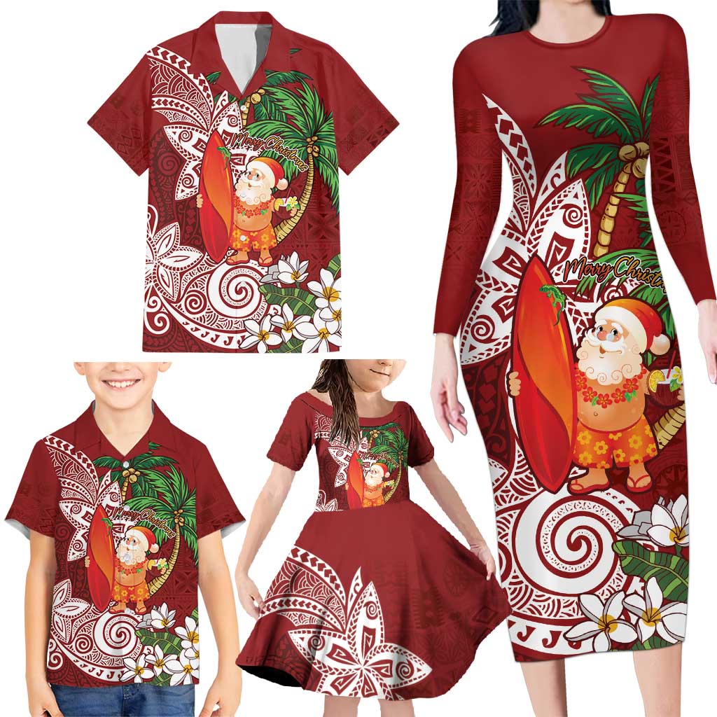 Polynesian Family Matching Long Sleeve Bodycon Dress and Hawaiian Shirt Tropical Santa - Plumeria Red Vintage