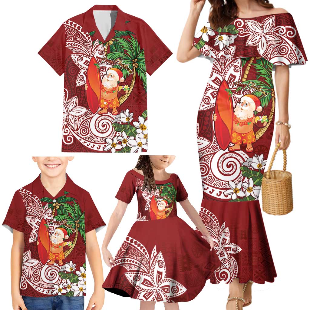 Polynesian Family Matching Mermaid Dress and Hawaiian Shirt Tropical Santa - Plumeria Red Vintage