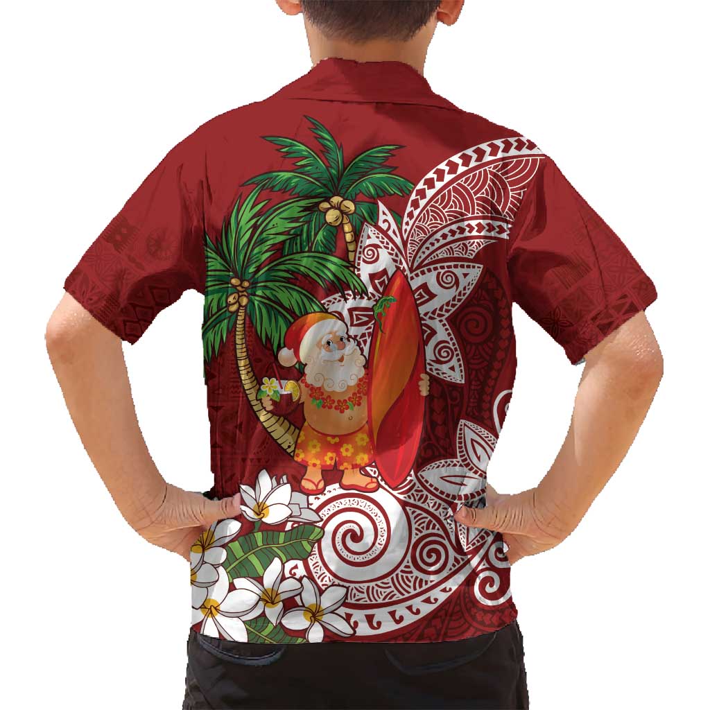 Polynesian Family Matching Off Shoulder Short Dress and Hawaiian Shirt Tropical Santa - Plumeria Red Vintage LT7 - Polynesian Pride