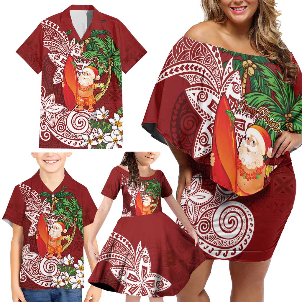 Polynesian Family Matching Off Shoulder Short Dress and Hawaiian Shirt Tropical Santa - Plumeria Red Vintage LT7 - Polynesian Pride