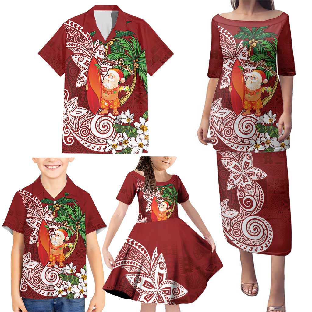 Polynesian Family Matching Puletasi and Hawaiian Shirt Tropical Santa - Plumeria Red Vintage