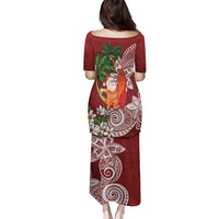 Polynesian Family Matching Puletasi and Hawaiian Shirt Tropical Santa - Plumeria Red Vintage