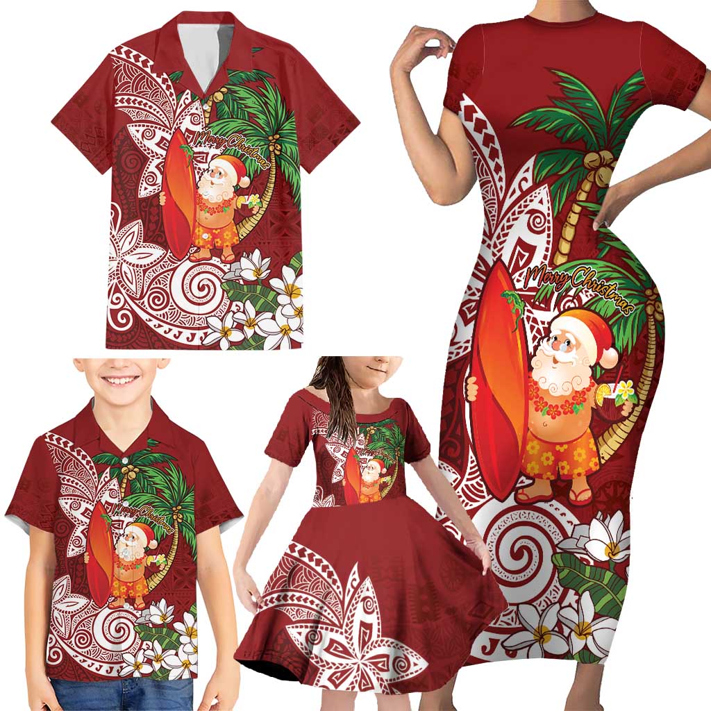 Polynesian Family Matching Short Sleeve Bodycon Dress and Hawaiian Shirt Tropical Santa - Plumeria Red Vintage