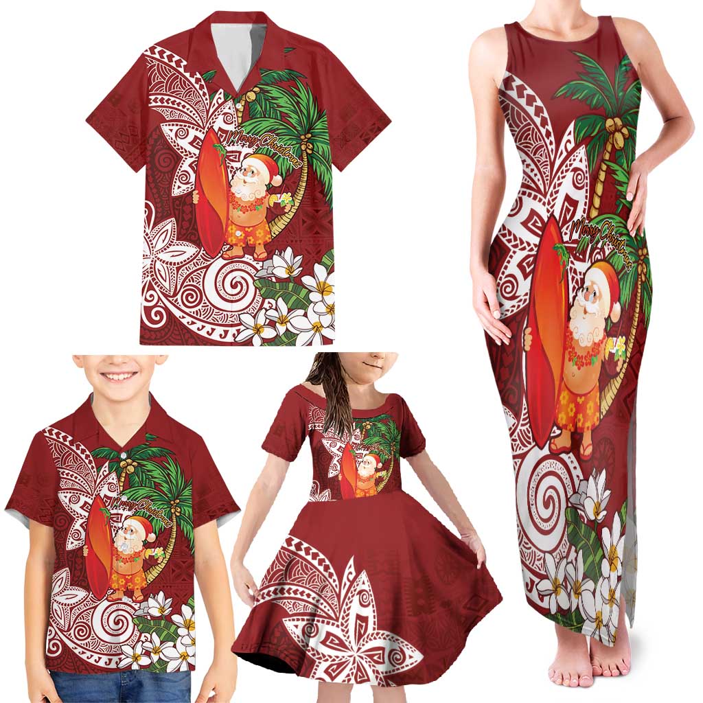 Polynesian Family Matching Tank Maxi Dress and Hawaiian Shirt Tropical Santa - Plumeria Red Vintage