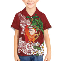 Polynesian Family Matching Tank Maxi Dress and Hawaiian Shirt Tropical Santa - Plumeria Red Vintage