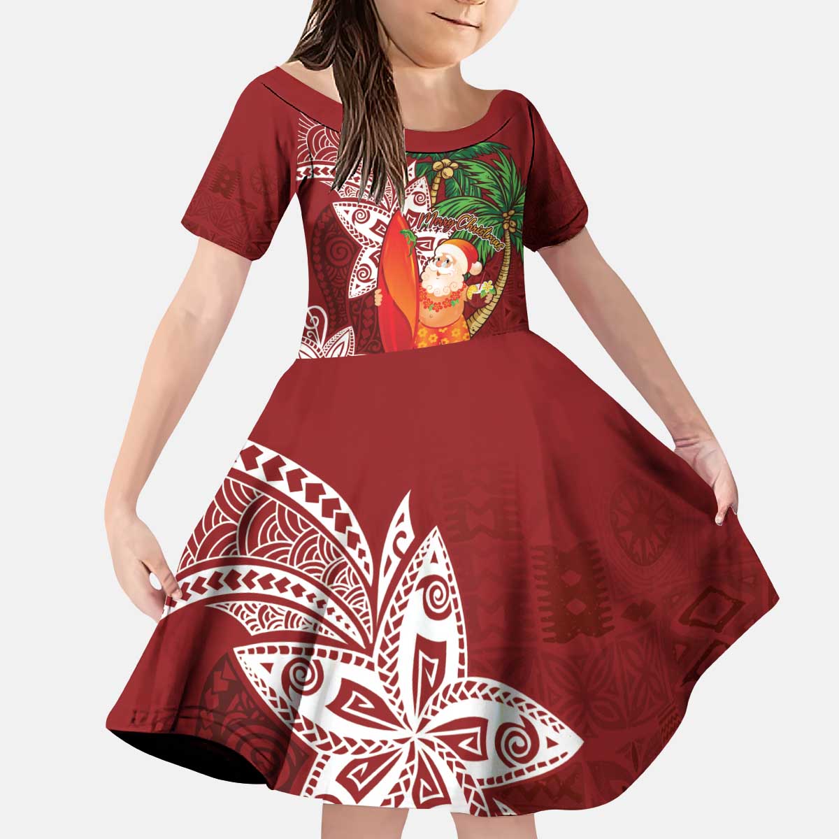 Polynesian Kid Short Sleeve Dress Tropical Santa - Plumeria Red Vintage