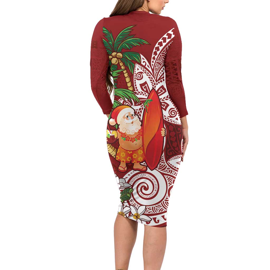 Polynesian Long Sleeve Bodycon Dress Tropical Santa - Plumeria Red Vintage