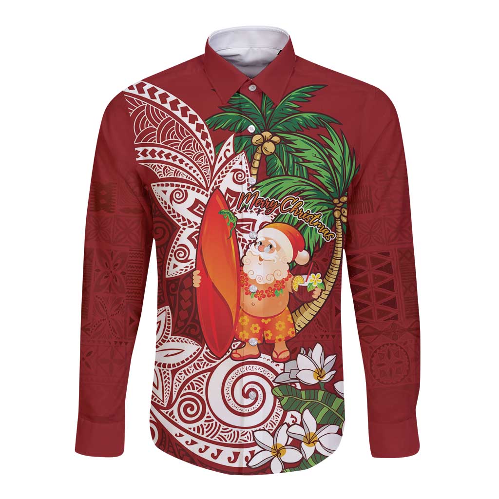 Polynesian Long Sleeve Button Shirt Tropical Santa - Plumeria Red Vintage