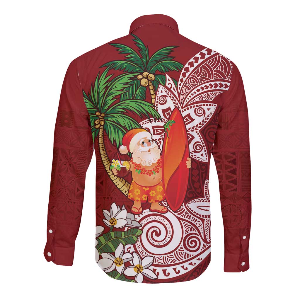 Polynesian Long Sleeve Button Shirt Tropical Santa - Plumeria Red Vintage