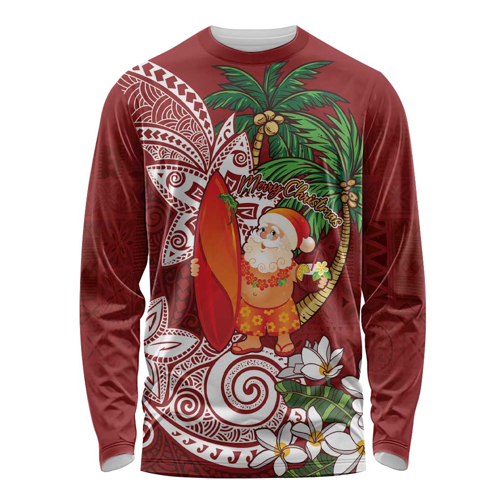 Polynesian Long Sleeve Shirt Tropical Santa - Plumeria Red Vintage