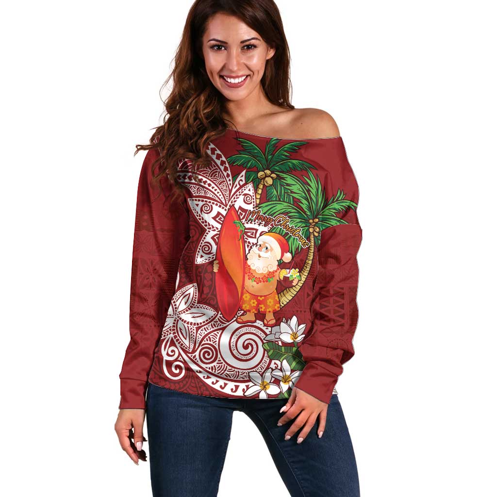 Polynesian Off Shoulder Sweater Tropical Santa - Plumeria Red Vintage